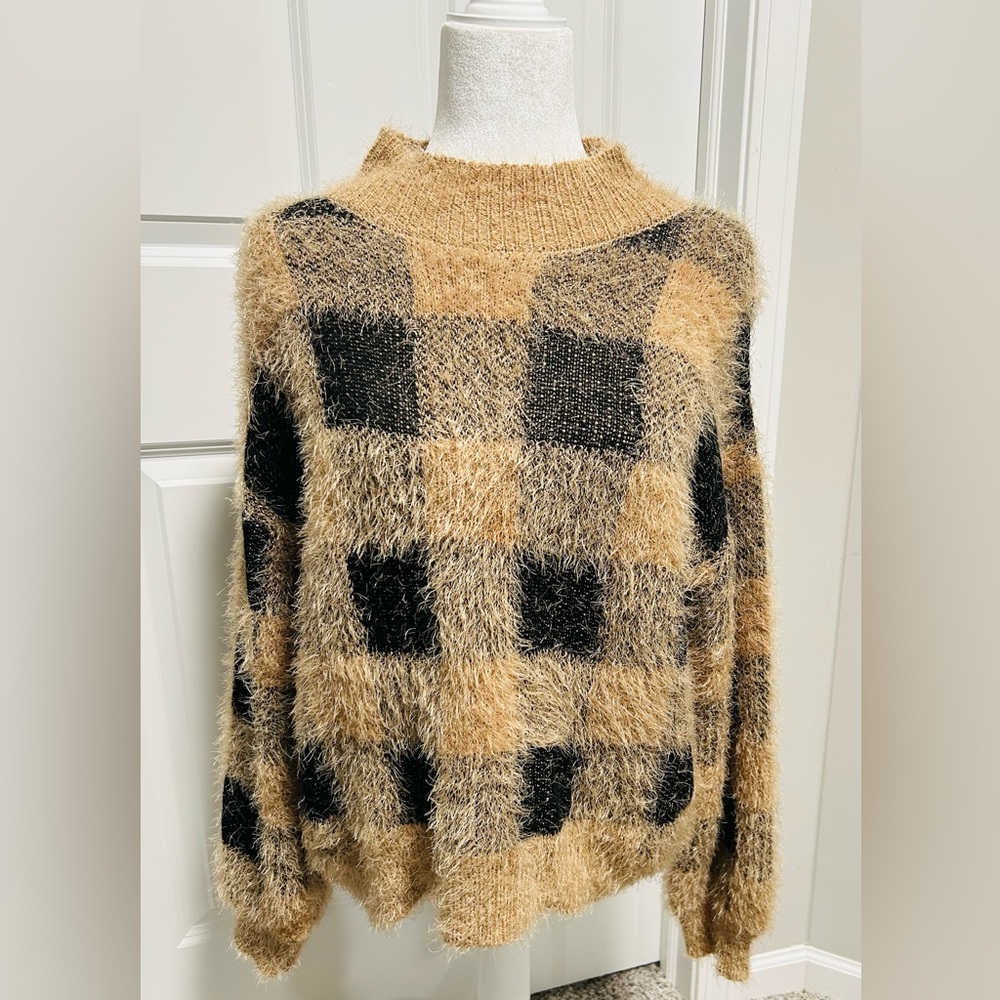 'It's Our Time' Fuzzy Black Brown Gingham Plaid Sweater